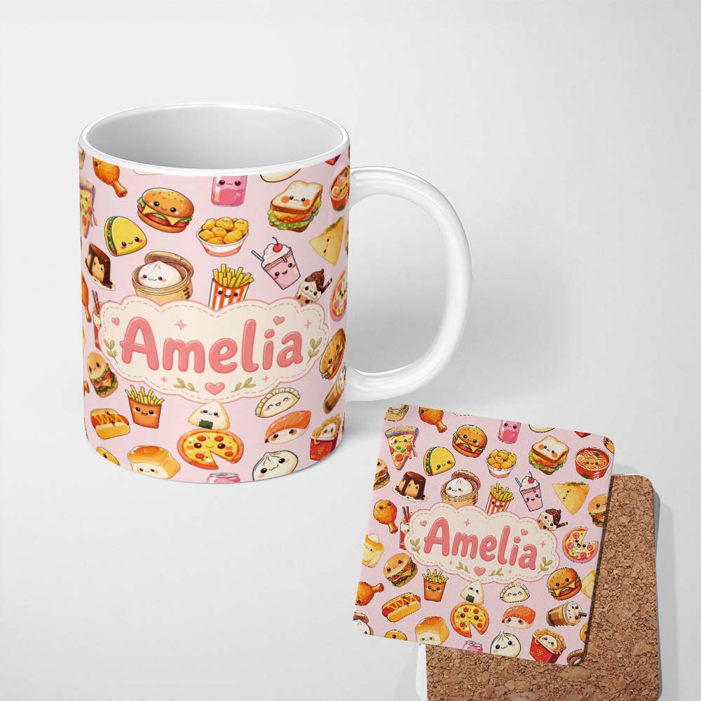 Personalized Custom Name Kawaii Fast Food Burger Sushi Taco Pizza Soft Pink Seamless Pattern 11oz Ceramic Coffee Tea Mug White Large Handle