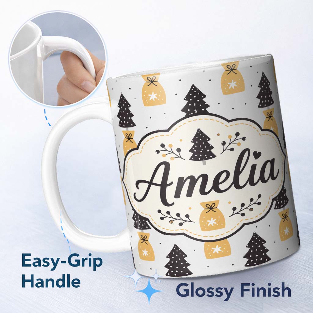 Personalized Custom Name Black Christmas Trees and Gift Bags Seamless Pattern Modern Holiday 11oz Ceramic Coffee Tea Mug White Large Handle