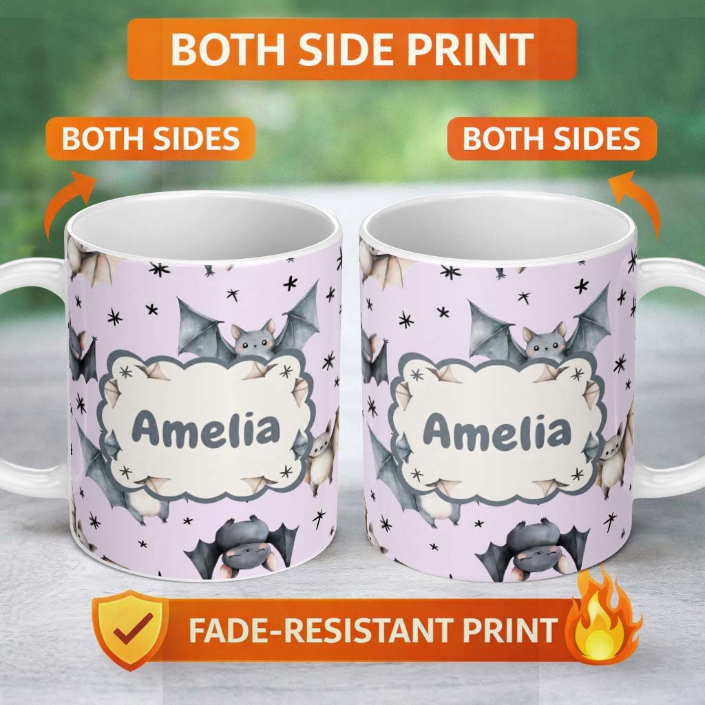 Personalized Custom Name Cute Baby Bats Flying with Stars Soft Lavender Background Seamless 11oz Ceramic Coffee Tea Mug White Large Handle