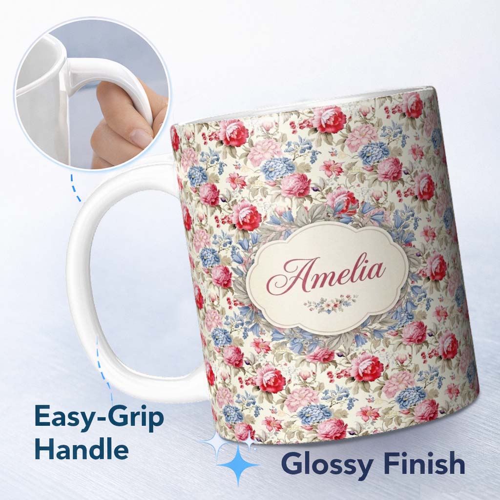 Personalized Custom Name Classic Vintage Rose Garden Floral Seamless Pattern Red Blue Beige 11oz Ceramic Coffee Tea Mug White Large Handle