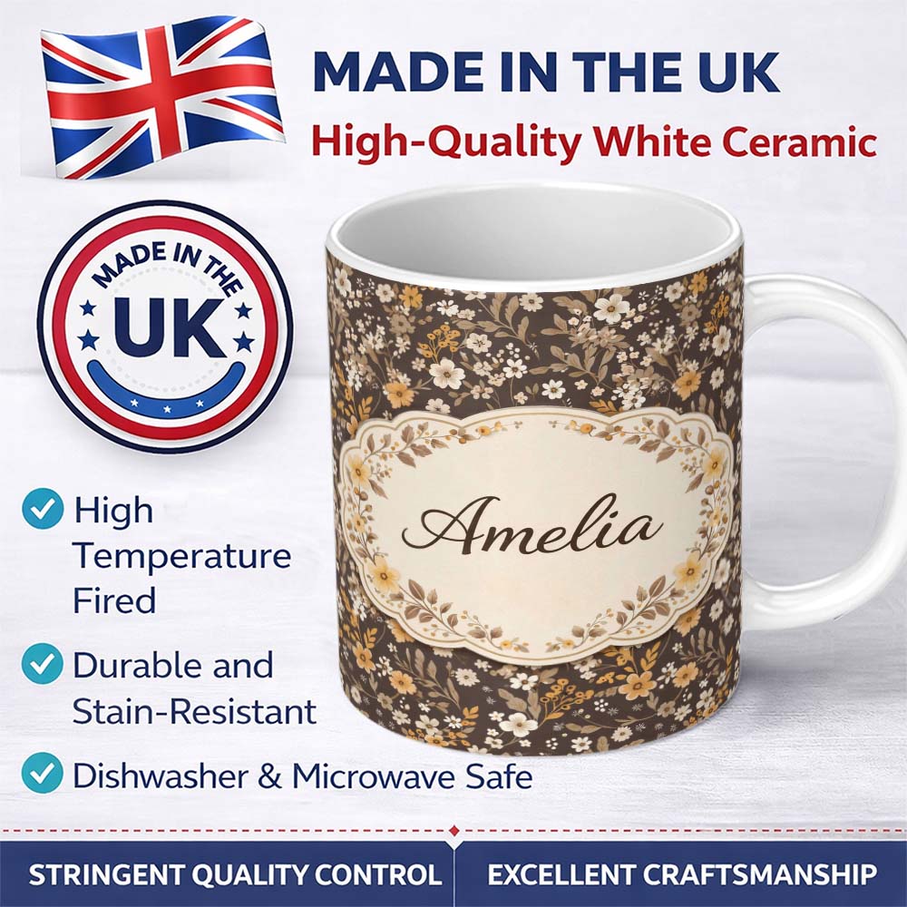 Personalized Custom Name Vintage Floral Meadow Pattern Brown Beige Botanical Seamless Design 11oz Ceramic Coffee Tea Mug White Large Handle