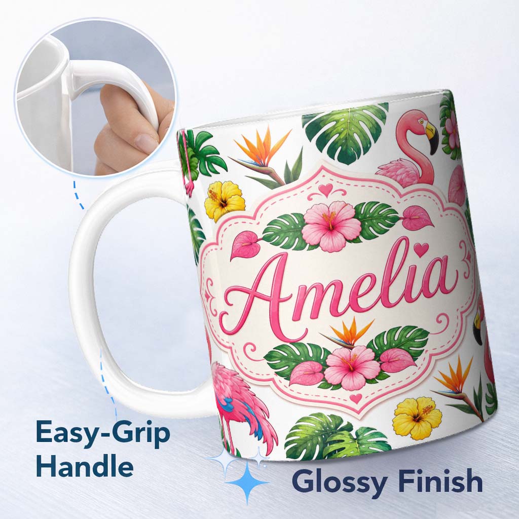 Personalized Custom Name Tropical Flamingo with Hibiscus Flowers and Leaves Light Grey Lovely 11oz Ceramic Coffee Tea Mug White Large Handle