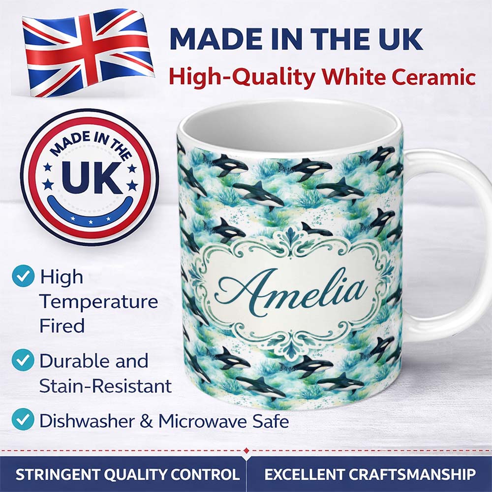 Personalized Custom Name Orca Whale Forest Coastal Seamless Pattern Nature Ocean Fusion 11oz Ceramic Coffee Tea Mug White Large Handle