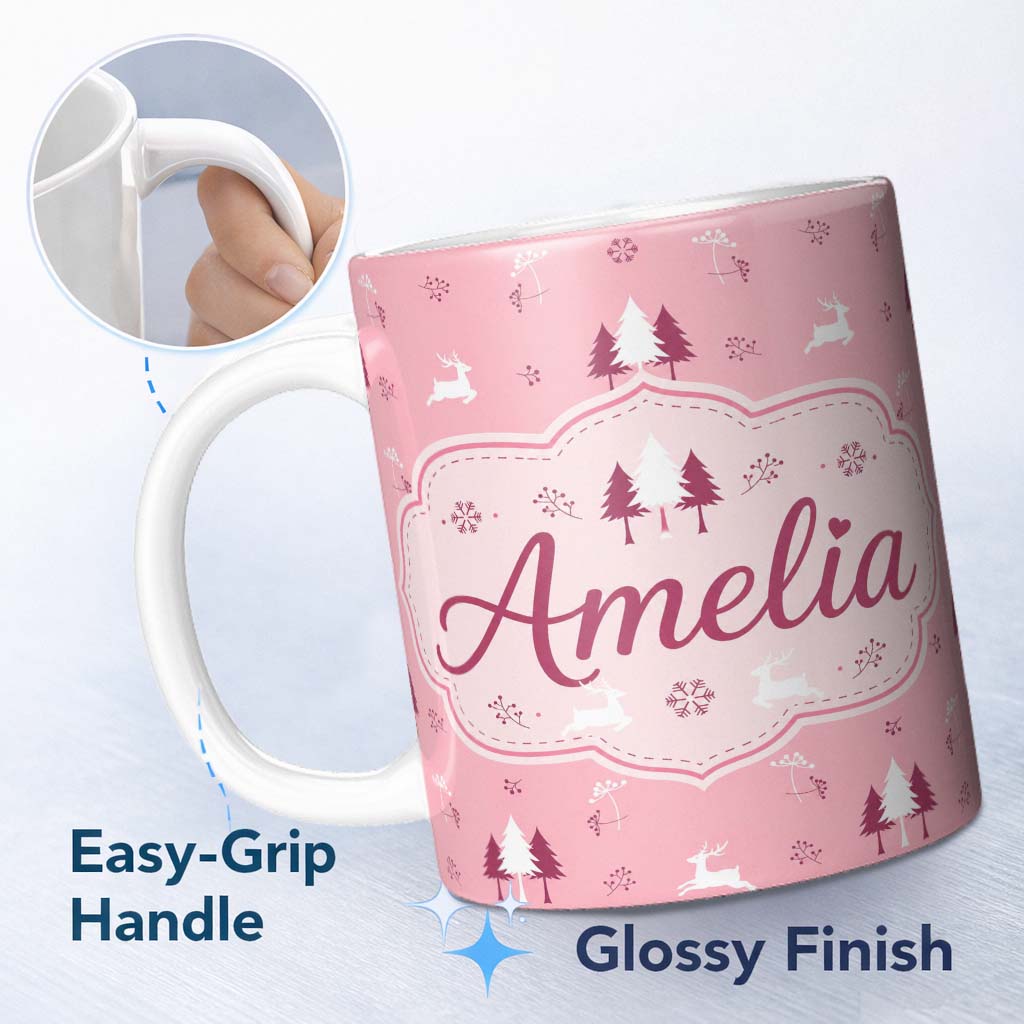 Personalized Custom Name Minimal Reindeer Tree Winter Floral Pink Seamless Pattern Lovely 11oz Ceramic Coffee Tea Mug White Large Handle
