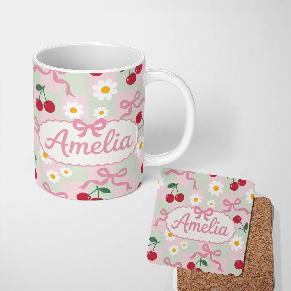 Personalized Custom Name Cute Cherry Bow and Daisy Mint Gingham Seamless Pattern Lovely 11oz Ceramic Coffee Tea Mug White Large Handle