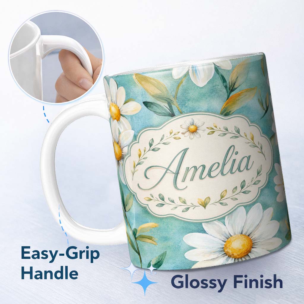 Personalized Custom Name Watercolor White Daisy Floral Seamless Pattern on Teal Background 11oz Ceramic Coffee Tea Mug White Large Handle