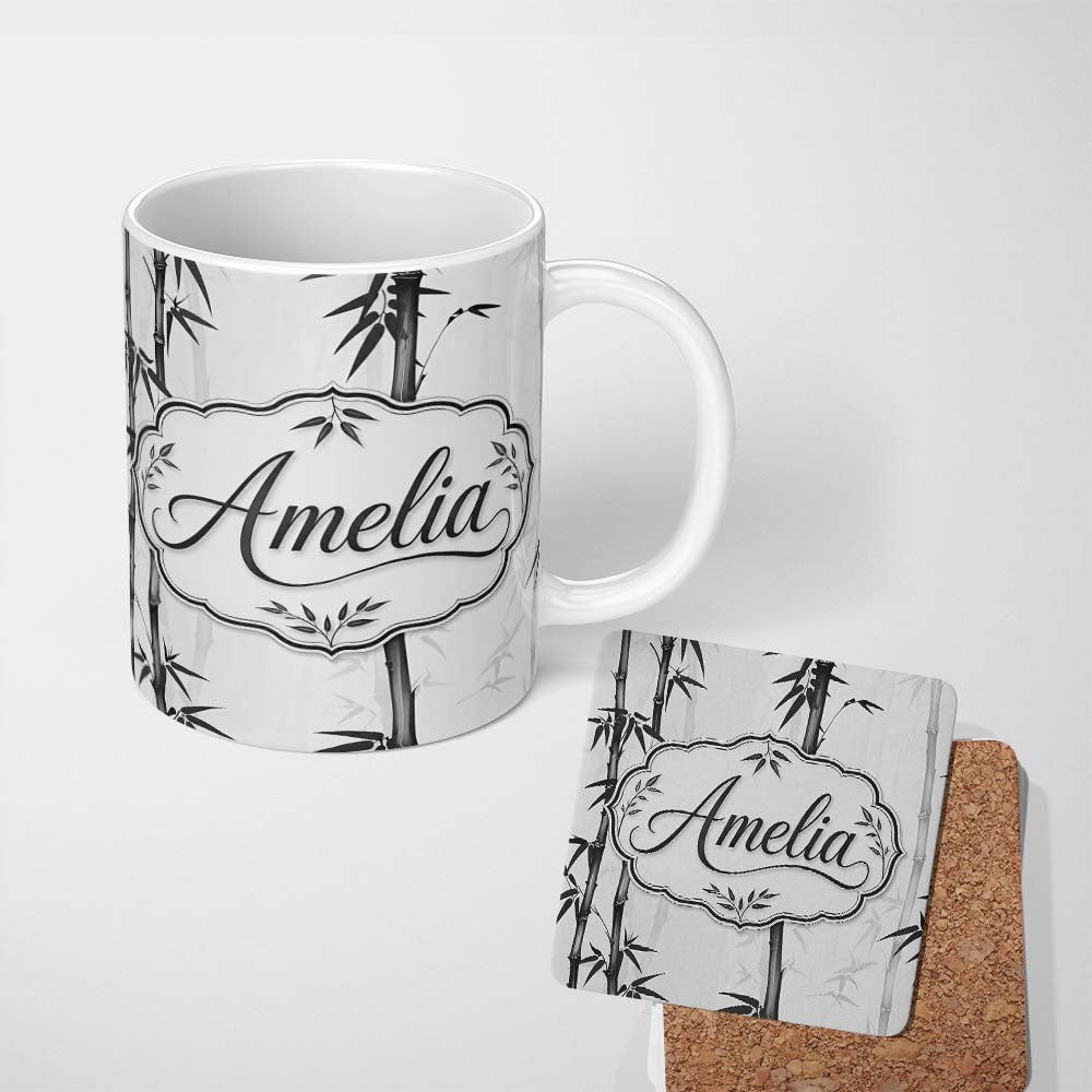 Personalized Custom Name Minimalist Black Bamboo with Soft Mist Background Japanese Ink Style 11oz Ceramic Coffee Tea Mug White Large Handle
