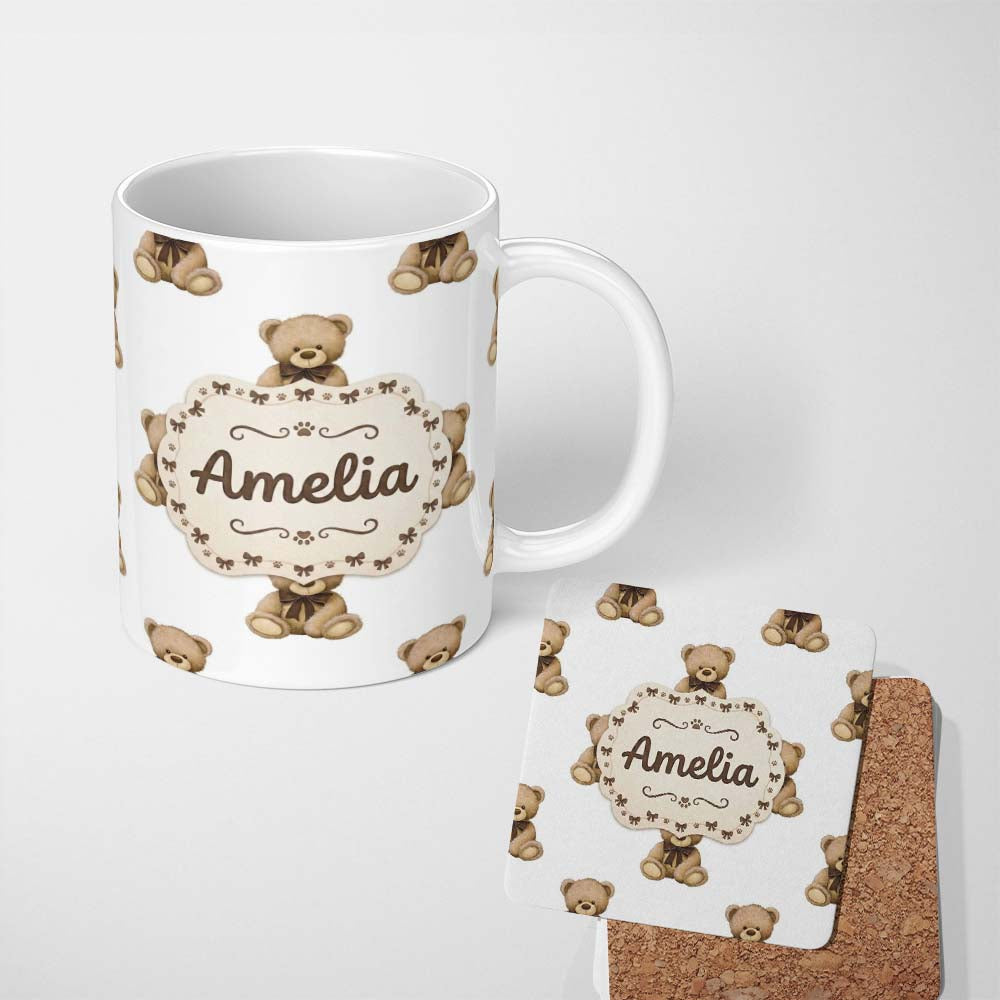 Personalized Custom Name Cute Teddy Bear Plush Toy Seamless Pattern on Soft Grey Background 11oz Ceramic Coffee Tea Mug White Large Handle