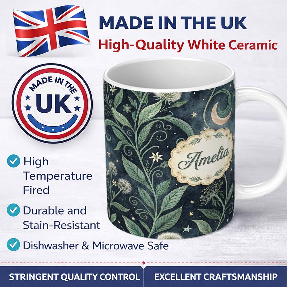 Personalized Custom Name Wild Botanical Floral Moon Night Garden Seamless Pattern Lovely 11oz Ceramic Coffee Tea Mug White Large Handle