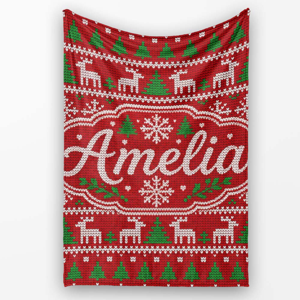 Traditional Reindeer Christmas Knit Pattern Seamless Lovely Personalised Custom Name Super Soft Fleece Blanket Bed Sofa Throw