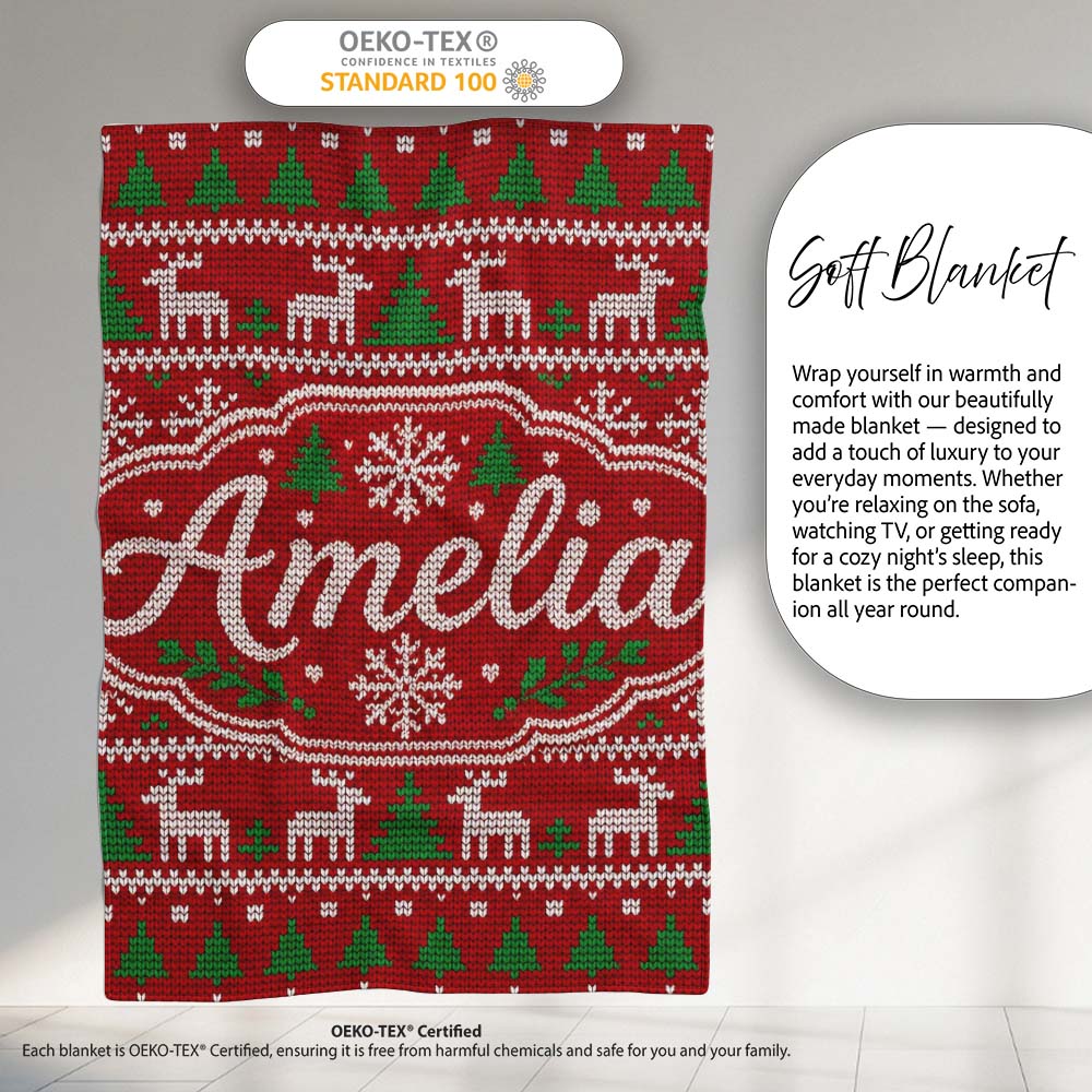 Traditional Reindeer Christmas Knit Pattern Seamless Lovely Personalised Custom Name Super Soft Fleece Blanket Bed Sofa Throw