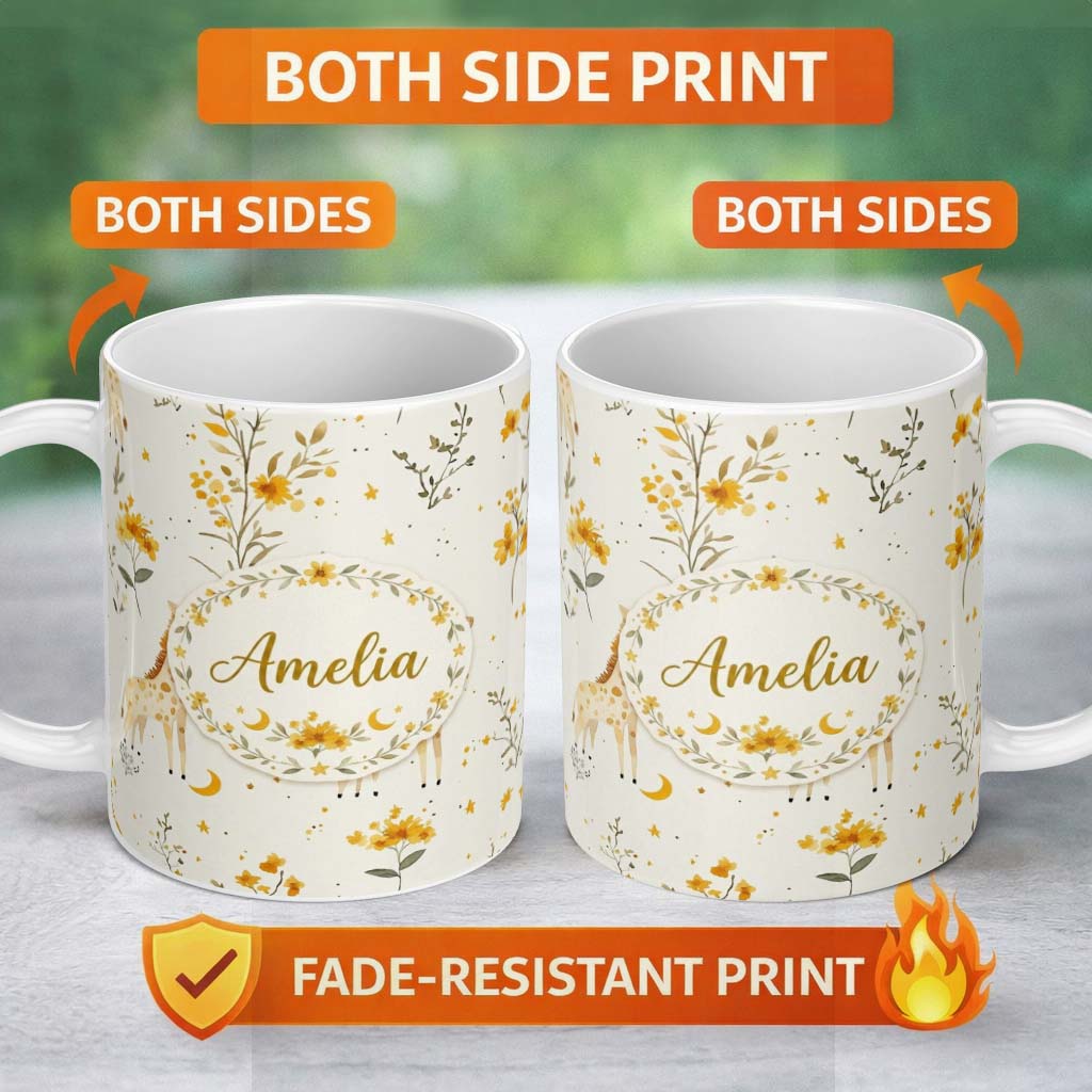 Personalized Custom Name Cute Baby Giraffes with Yellow Floral Elements Seamless Pattern 11oz Ceramic Coffee Tea Mug White Large Handle