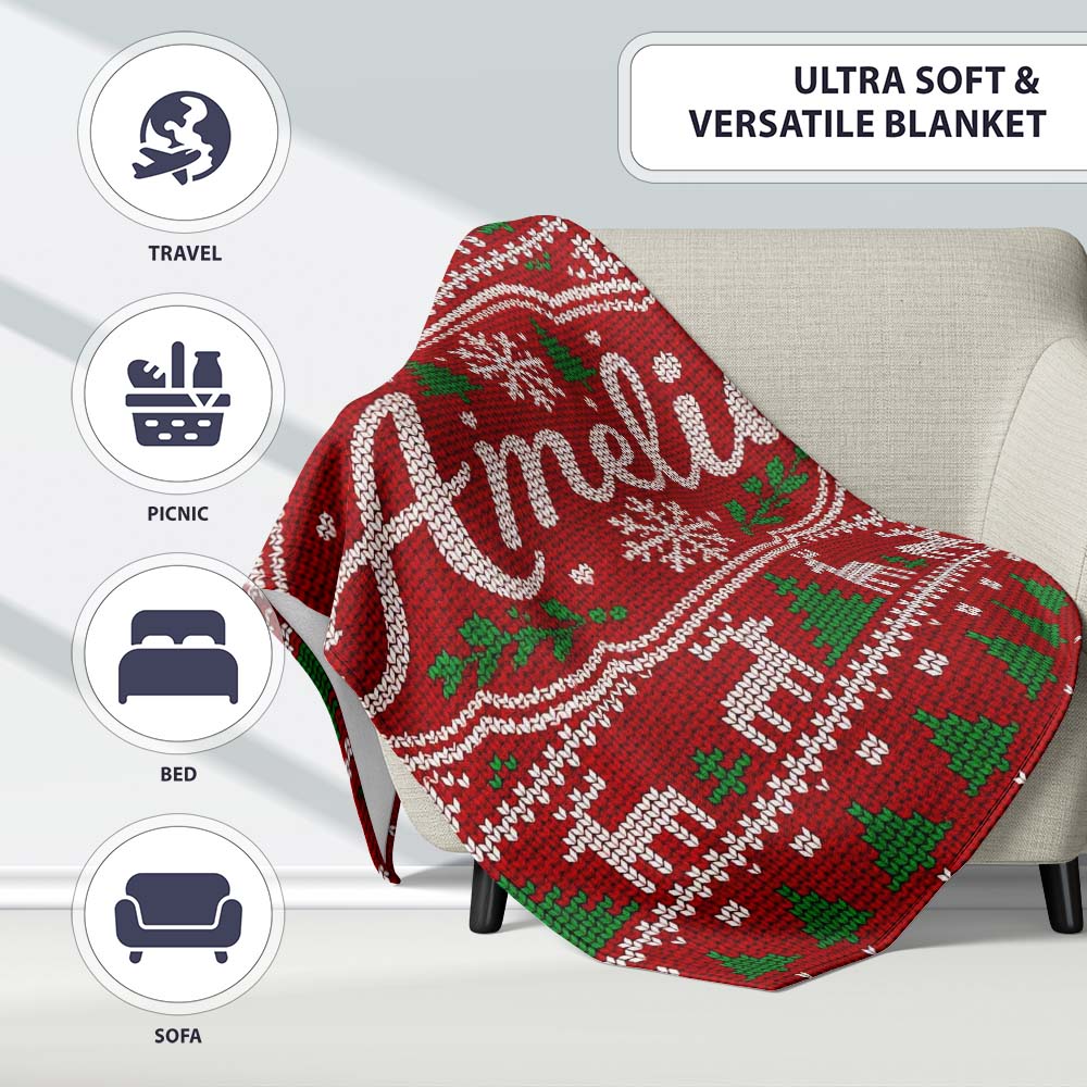 Traditional Reindeer Christmas Knit Pattern Seamless Lovely Personalised Custom Name Super Soft Fleece Blanket Bed Sofa Throw