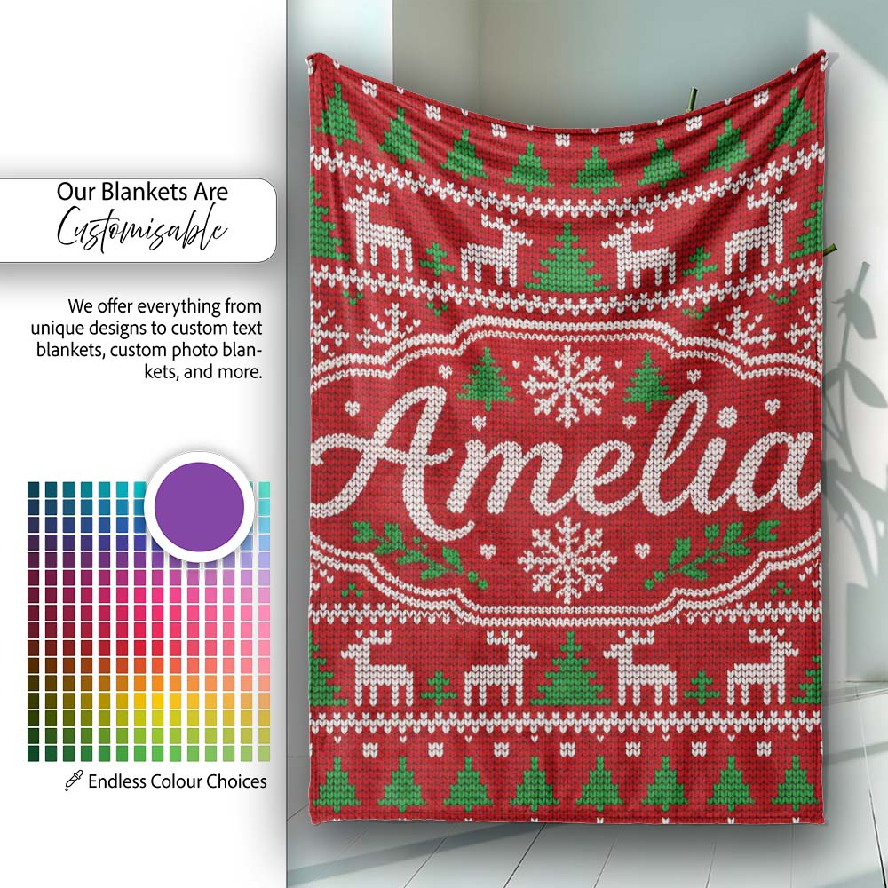 Traditional Reindeer Christmas Knit Pattern Seamless Lovely Personalised Custom Name Super Soft Fleece Blanket Bed Sofa Throw