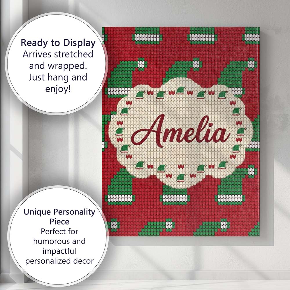 Personalised Name Festive Christmas Hat Custom Modern Room Accent Elegant Feature Canvas Wall Art Print Decor Picture Ready to Hang