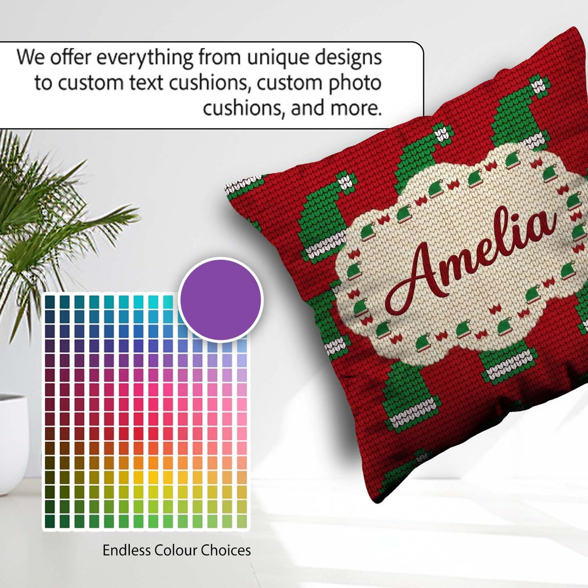 Custom Name Festive Christmas Hat Knitted Pattern Holiday Lovely Square Filled Cushion Throw Pillow Sofa Bed Home Decor Zip Washable UK Made