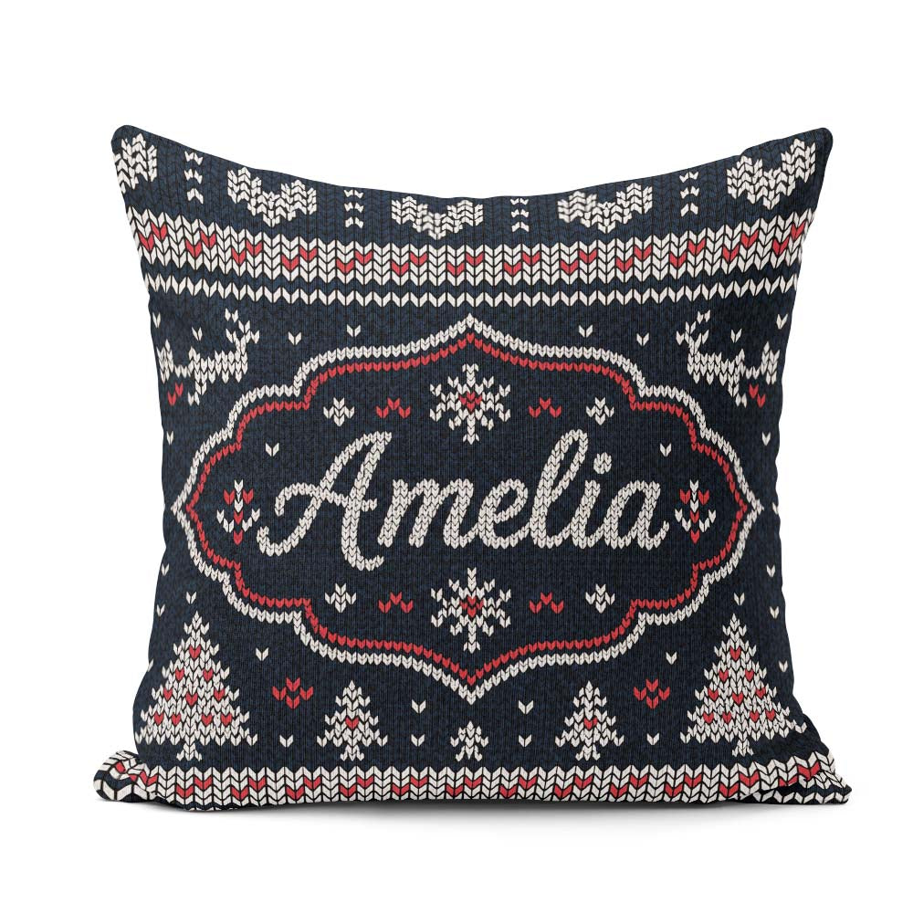 Custom Name Blue Nordic Snowflake Knitted Seamless Winter Lovely Square Filled Cushion Throw Pillow Sofa Bed Home Decor Zip Washable UK Made