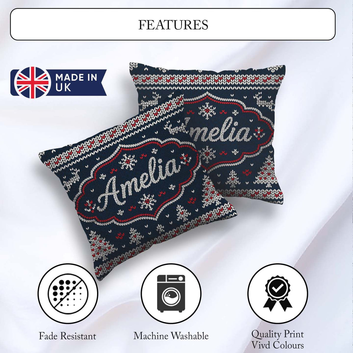 Custom Name Blue Nordic Snowflake Knitted Seamless Winter Lovely Square Filled Cushion Throw Pillow Sofa Bed Home Decor Zip Washable UK Made