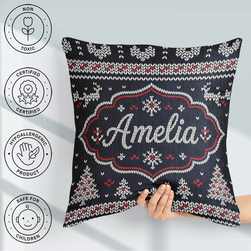 Custom Name Blue Nordic Snowflake Knitted Seamless Winter Lovely Square Filled Cushion Throw Pillow Sofa Bed Home Decor Zip Washable UK Made