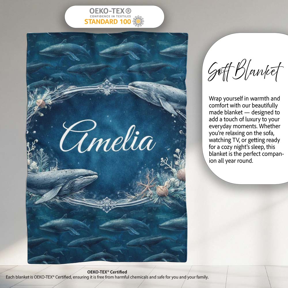 Deep Ocean Whale Seamless Pattern Blue Marine Animal Design Lovely Personalised Custom Name Super Soft Fleece Blanket Bed Sofa Throw