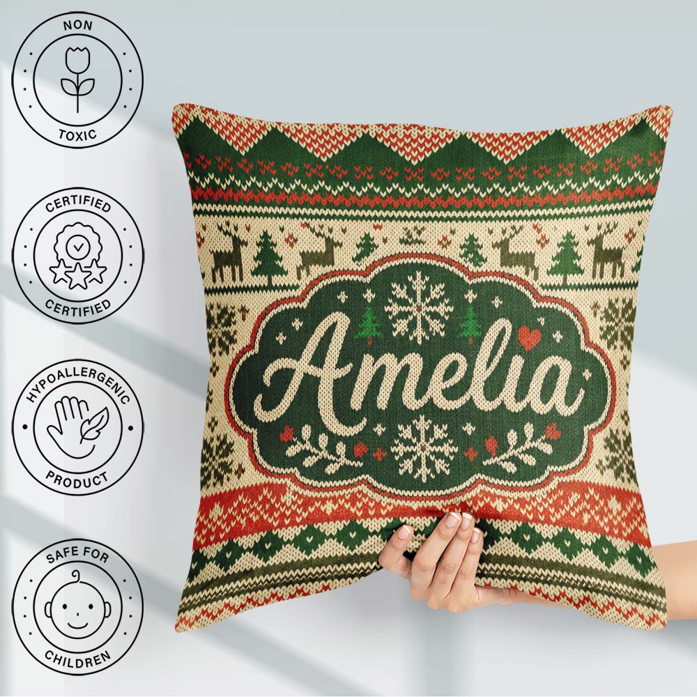 Custom Name Nordic Zigzag Knit Green Red Cream Geometric Festive Square Filled Cushion Throw Pillow Sofa Bed Home Decor Zip Washable UK Made