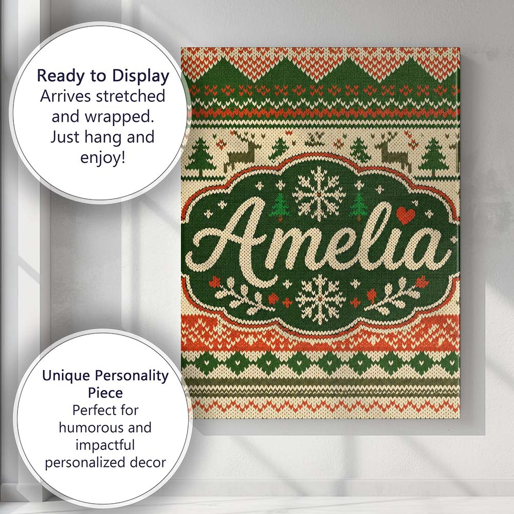 Personalised Name Nordic Zigzag Knit Green Custom Unique Gift Idea Elegant Feature Canvas Wall Art Print Decor Picture Ready to Hang