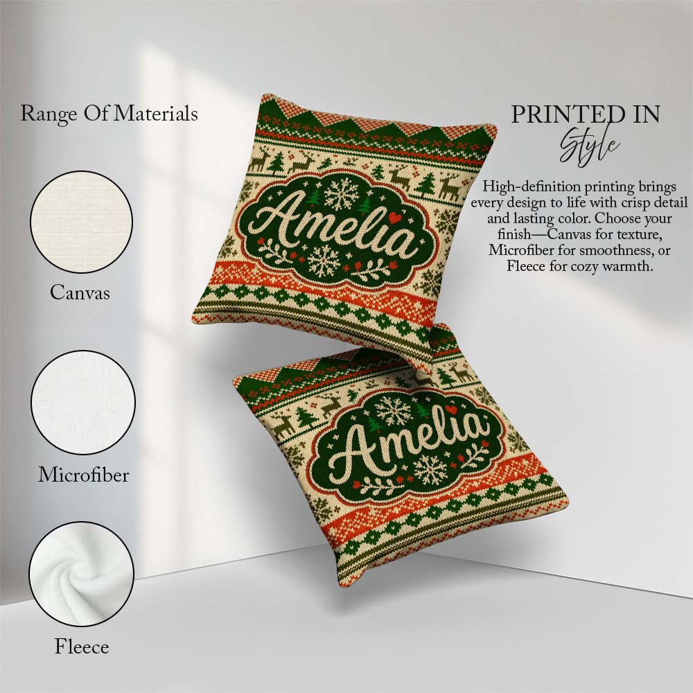 Custom Name Nordic Zigzag Knit Green Red Cream Geometric Festive Square Filled Cushion Throw Pillow Sofa Bed Home Decor Zip Washable UK Made