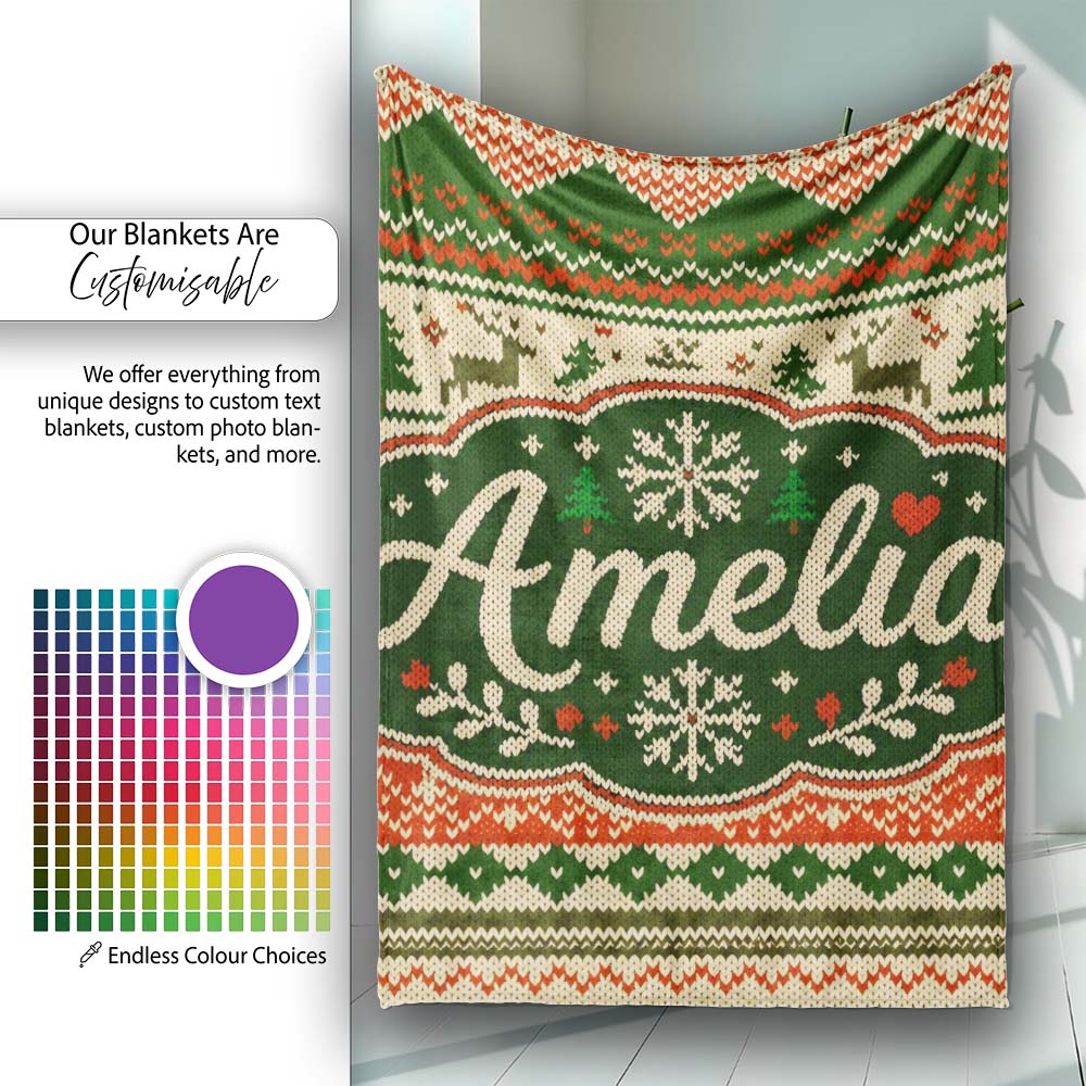 Nordic Zigzag Knit Green Red Cream Geometric Festive Sweater Style Personalised Custom Name Super Soft Fleece Blanket Bed Sofa Throw