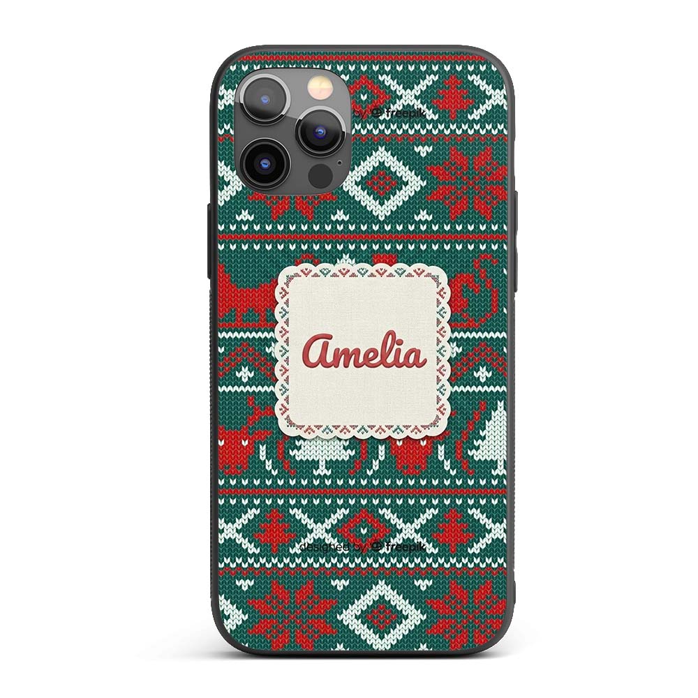 Scandinavian Reindeer Snowflake Knit Pattern Custom Name Protective Phone Case Mobile Cover Durable Everyday Smartphone Shock Resistant