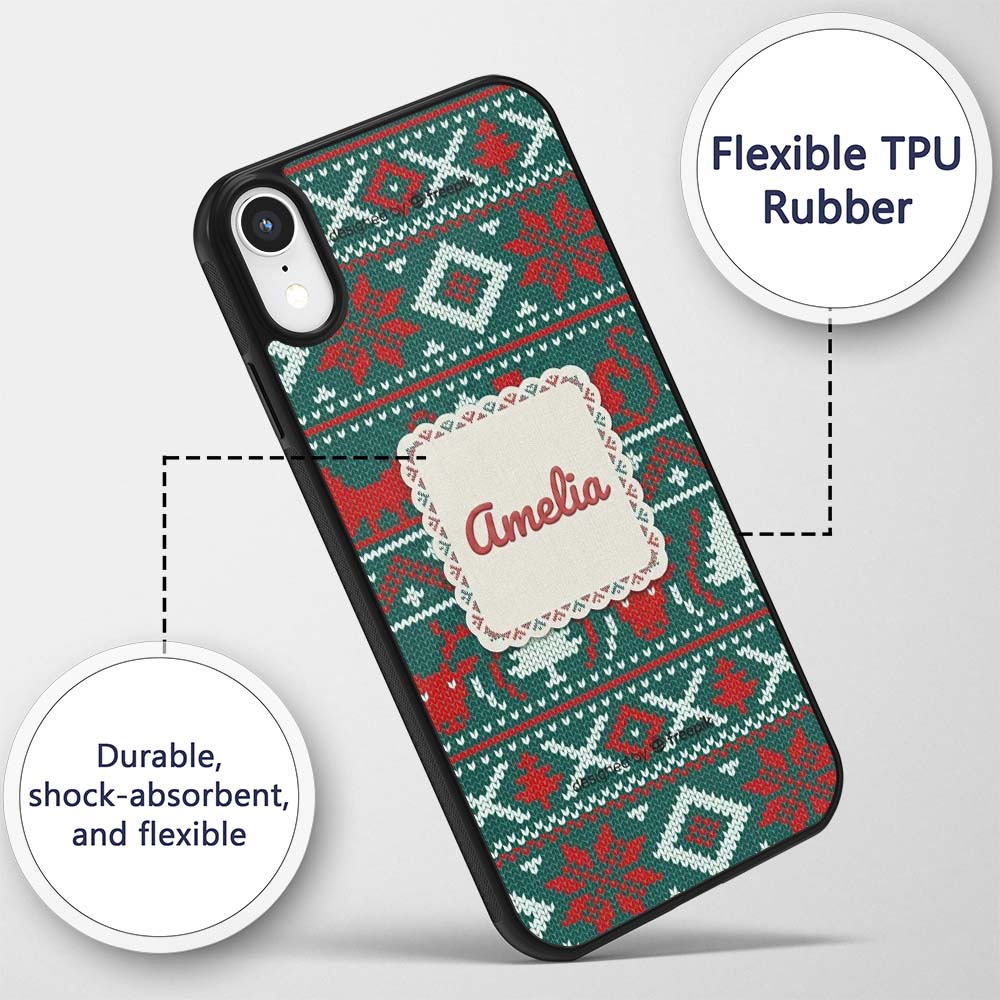 Scandinavian Reindeer Snowflake Knit Pattern Custom Name Protective Phone Case Mobile Cover Durable Everyday Smartphone Shock Resistant
