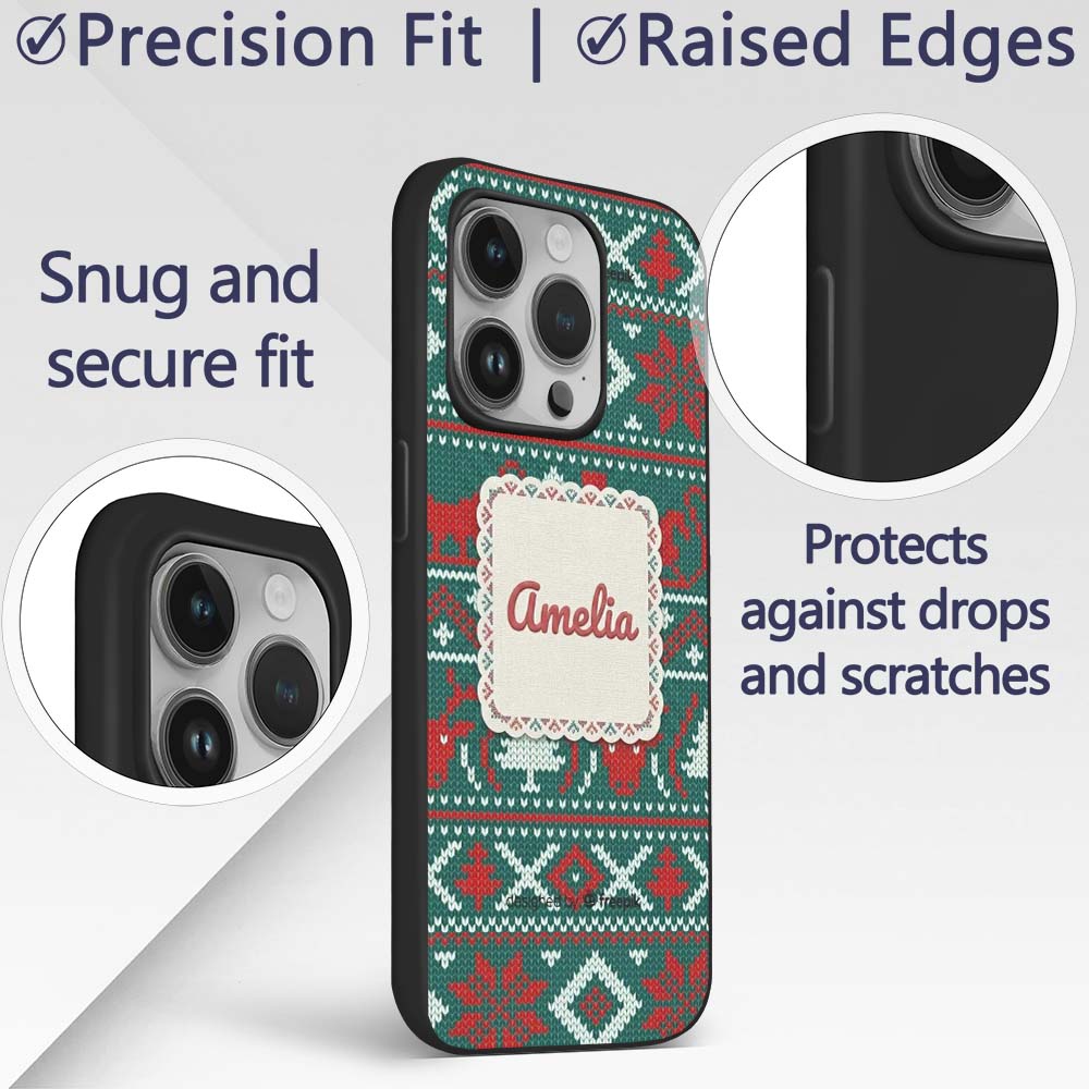Scandinavian Reindeer Snowflake Knit Pattern Custom Name Protective Phone Case Mobile Cover Durable Everyday Smartphone Shock Resistant