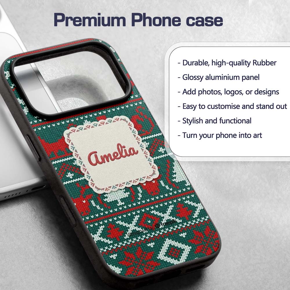 Scandinavian Reindeer Snowflake Knit Pattern Custom Name Protective Phone Case Mobile Cover Durable Everyday Smartphone Shock Resistant