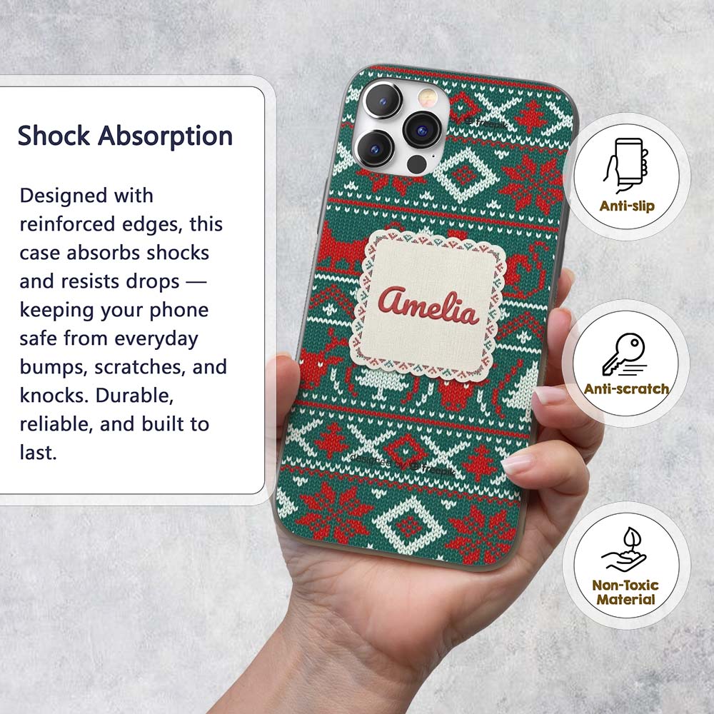 Scandinavian Reindeer Snowflake Knit Pattern Custom Name Protective Phone Case Mobile Cover Durable Everyday Smartphone Shock Resistant