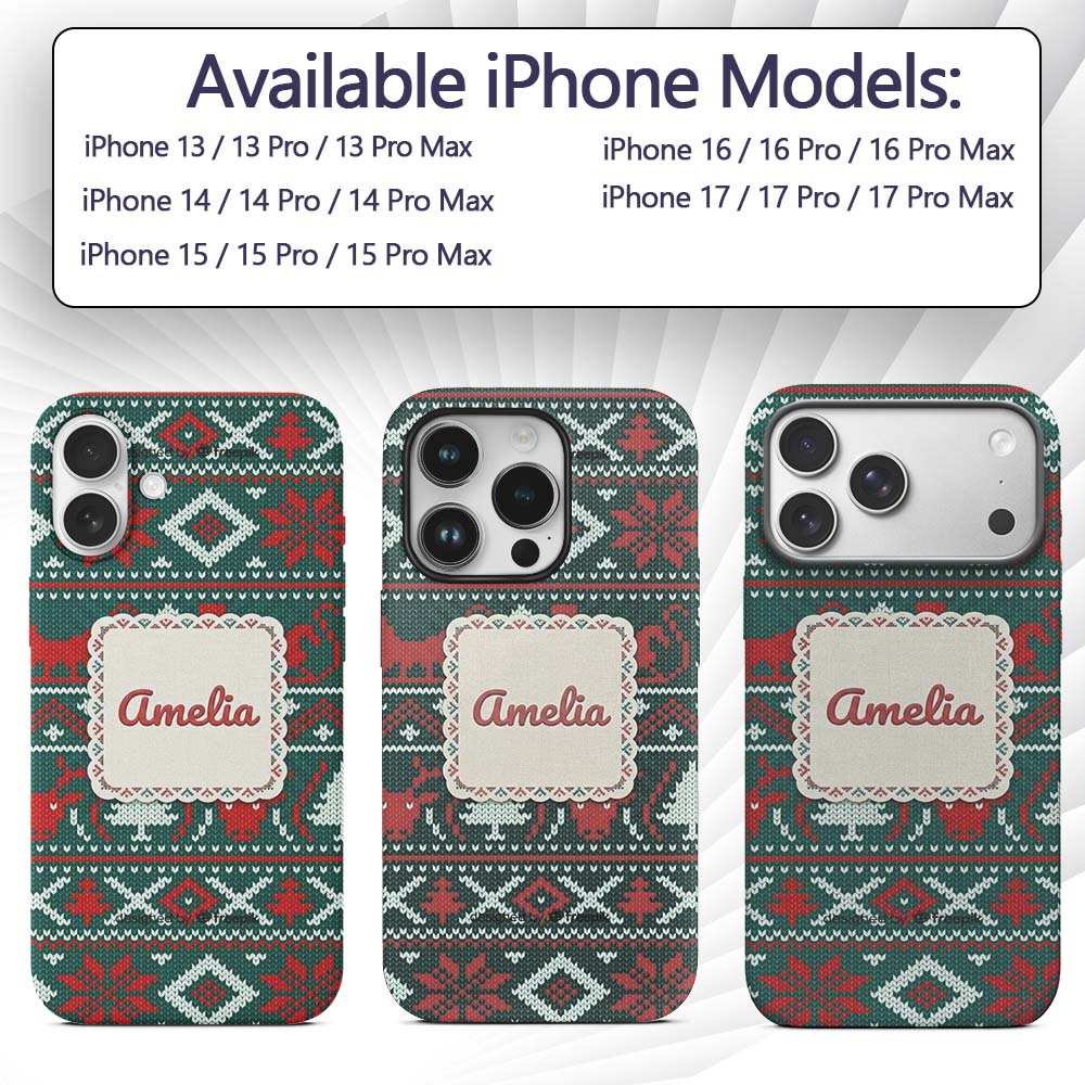Scandinavian Reindeer Snowflake Knit Pattern Custom Name Protective Phone Case Mobile Cover Durable Everyday Smartphone Shock Resistant