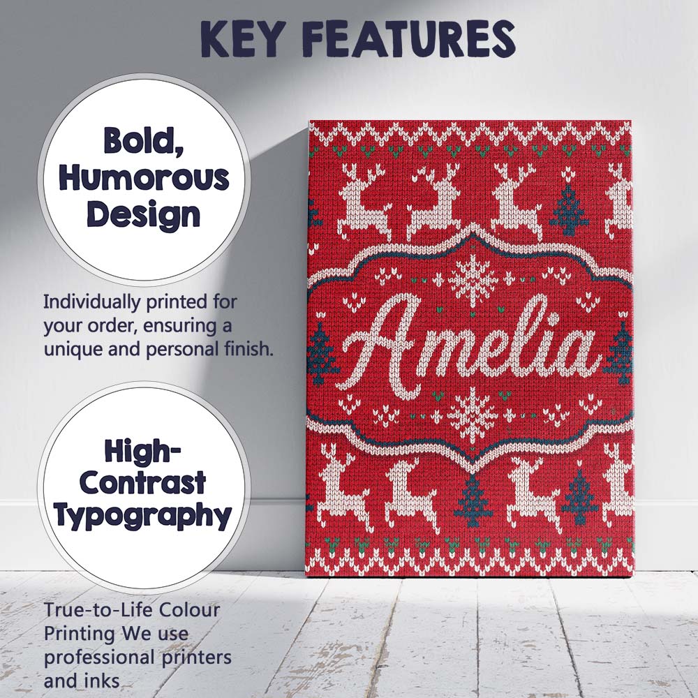 Personalised Name Classic Red Knit Reindeer Custom Bespoke Interior Contemporary Canvas Wall Art Print Decor Picture Ready to Hang