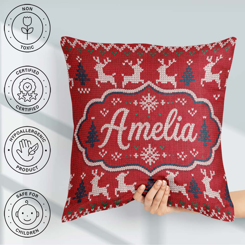 Custom Name Classic Red Knit Snowflake Pattern Christmas Sweater Square Filled Cushion Throw Pillow Sofa Bed Home Decor Zip Washable UK Made