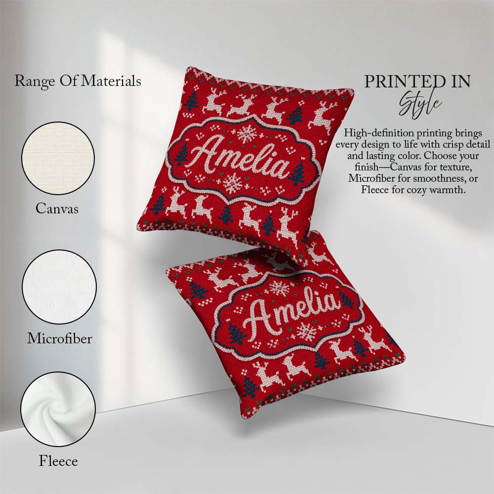 Custom Name Classic Red Knit Snowflake Pattern Christmas Sweater Square Filled Cushion Throw Pillow Sofa Bed Home Decor Zip Washable UK Made