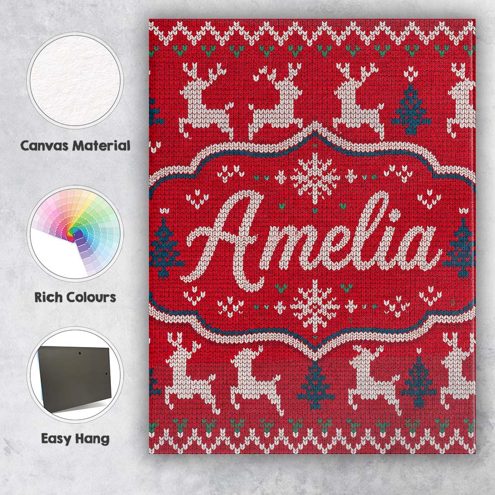 Personalised Name Classic Red Knit Reindeer Custom Bespoke Interior Contemporary Canvas Wall Art Print Decor Picture Ready to Hang
