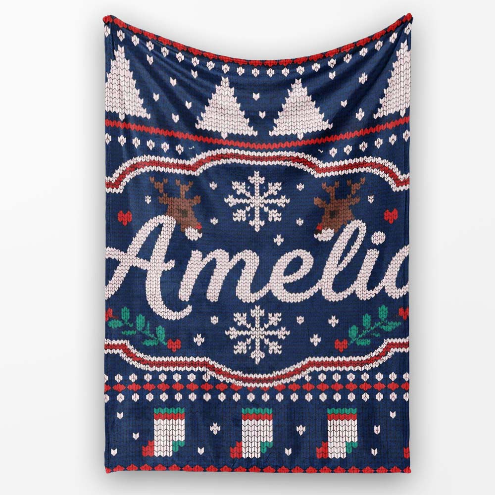 Winter Knit Reindeer Mountain Pattern Blue White Snow Nordic Lovely Personalised Custom Name Super Soft Fleece Blanket Bed Sofa Throw