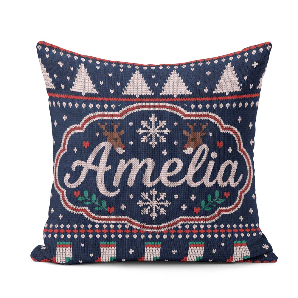 Custom Name Winter Knit Reindeer Mountain Blue White Snow Nordic Square Filled Cushion Throw Pillow Sofa Bed Home Decor Zip Washable UK Made