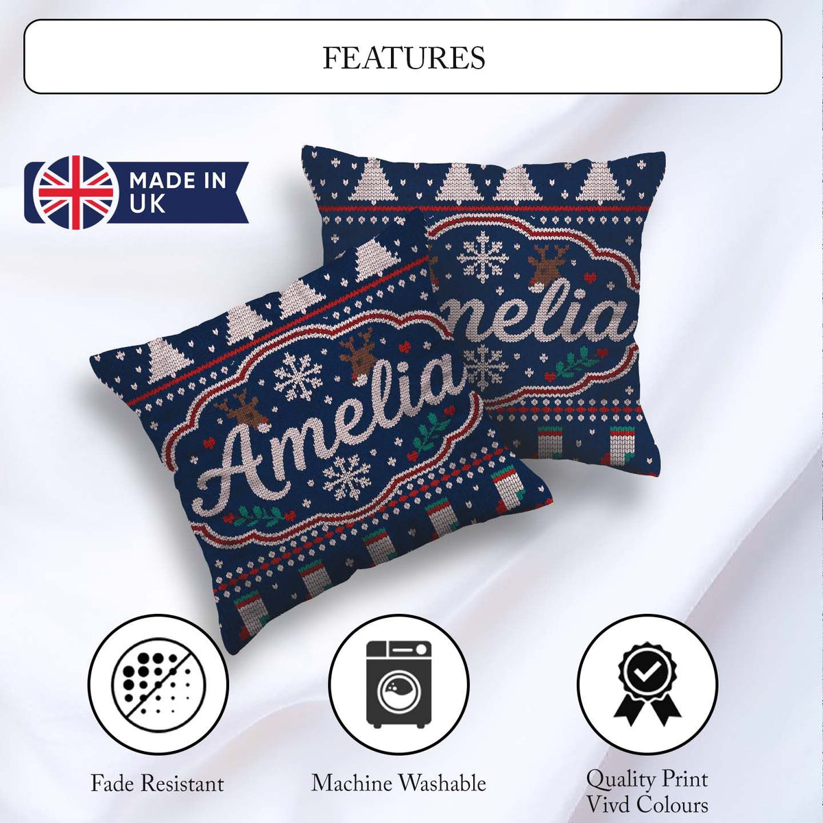 Custom Name Winter Knit Reindeer Mountain Blue White Snow Nordic Square Filled Cushion Throw Pillow Sofa Bed Home Decor Zip Washable UK Made