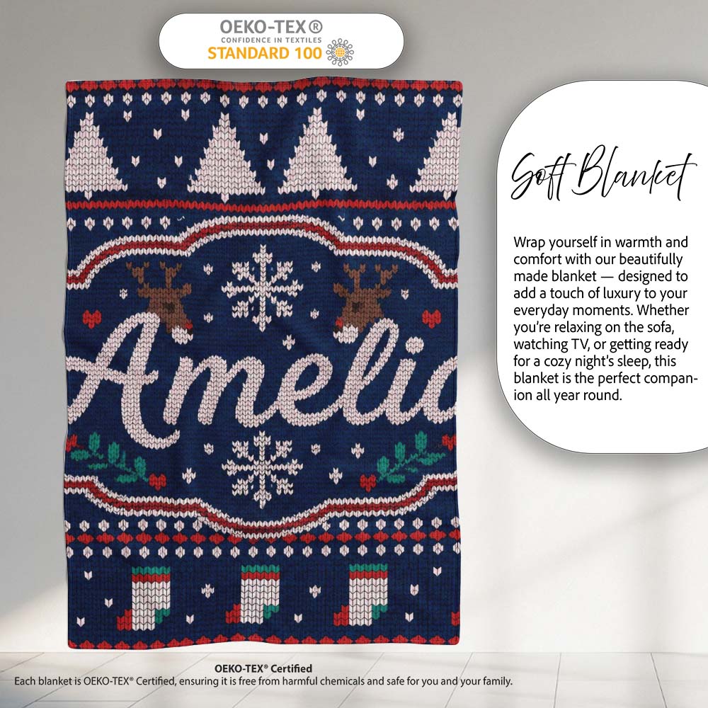 Winter Knit Reindeer Mountain Pattern Blue White Snow Nordic Lovely Personalised Custom Name Super Soft Fleece Blanket Bed Sofa Throw
