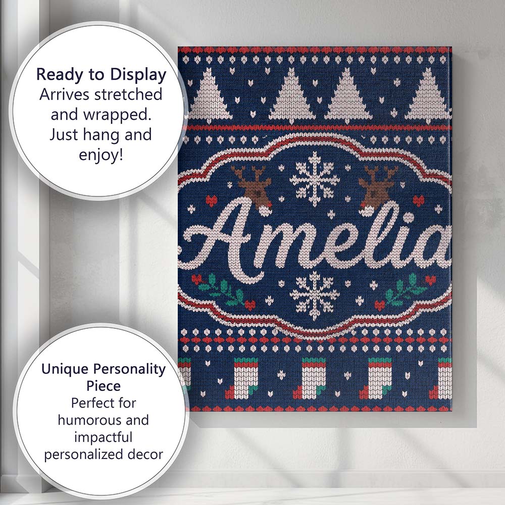 Personalised Name Winter Knit Reindeer Custom Modern Room Accent Elegant Feature Canvas Wall Art Print Decor Picture Ready to Hang