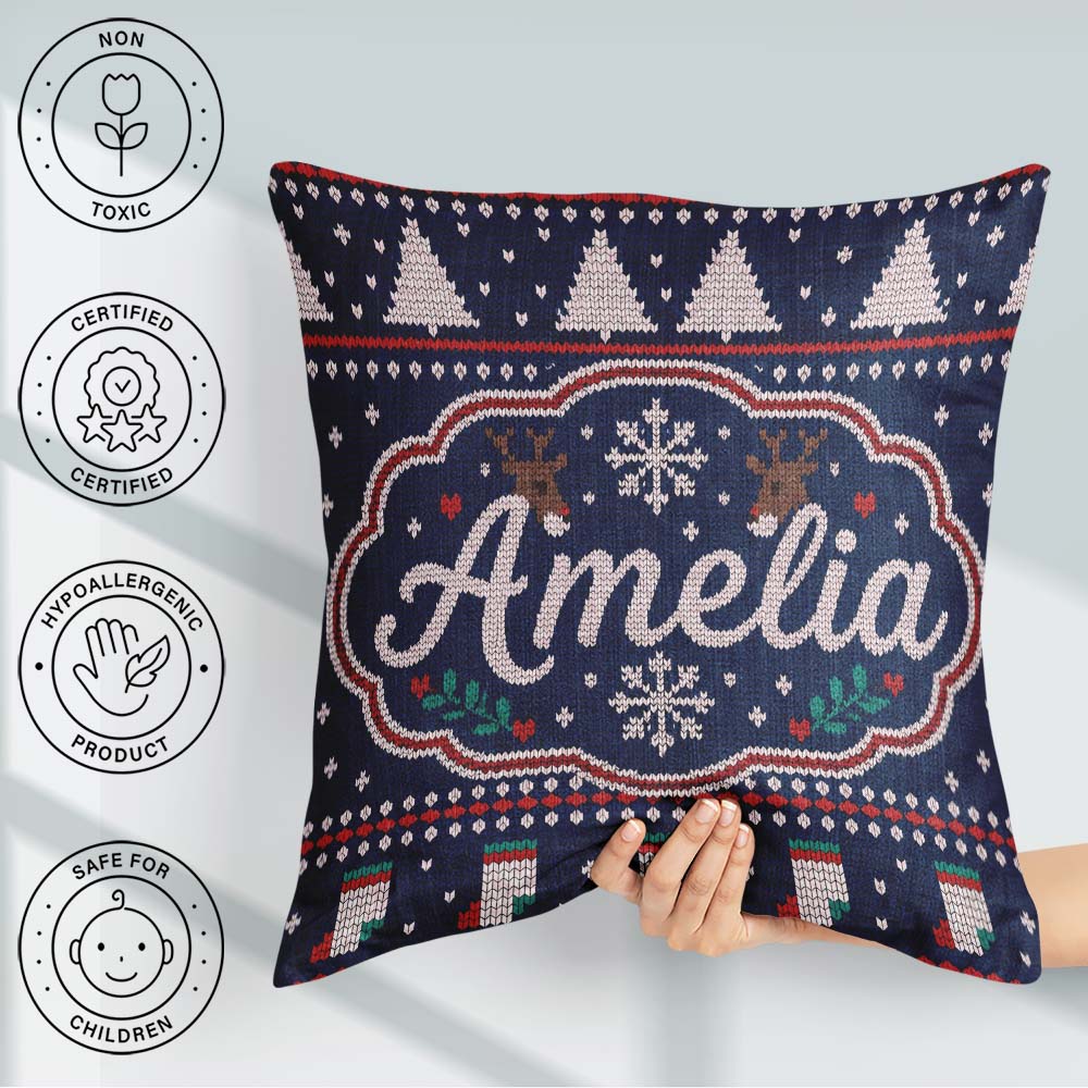 Custom Name Winter Knit Reindeer Mountain Blue White Snow Nordic Square Filled Cushion Throw Pillow Sofa Bed Home Decor Zip Washable UK Made