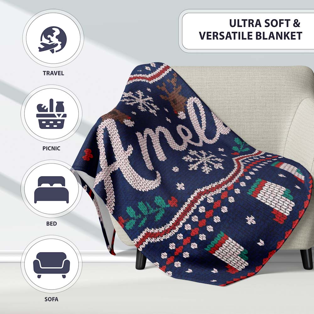 Winter Knit Reindeer Mountain Pattern Blue White Snow Nordic Lovely Personalised Custom Name Super Soft Fleece Blanket Bed Sofa Throw