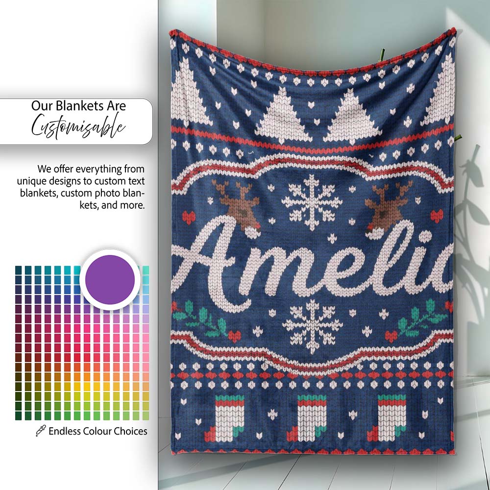 Winter Knit Reindeer Mountain Pattern Blue White Snow Nordic Lovely Personalised Custom Name Super Soft Fleece Blanket Bed Sofa Throw