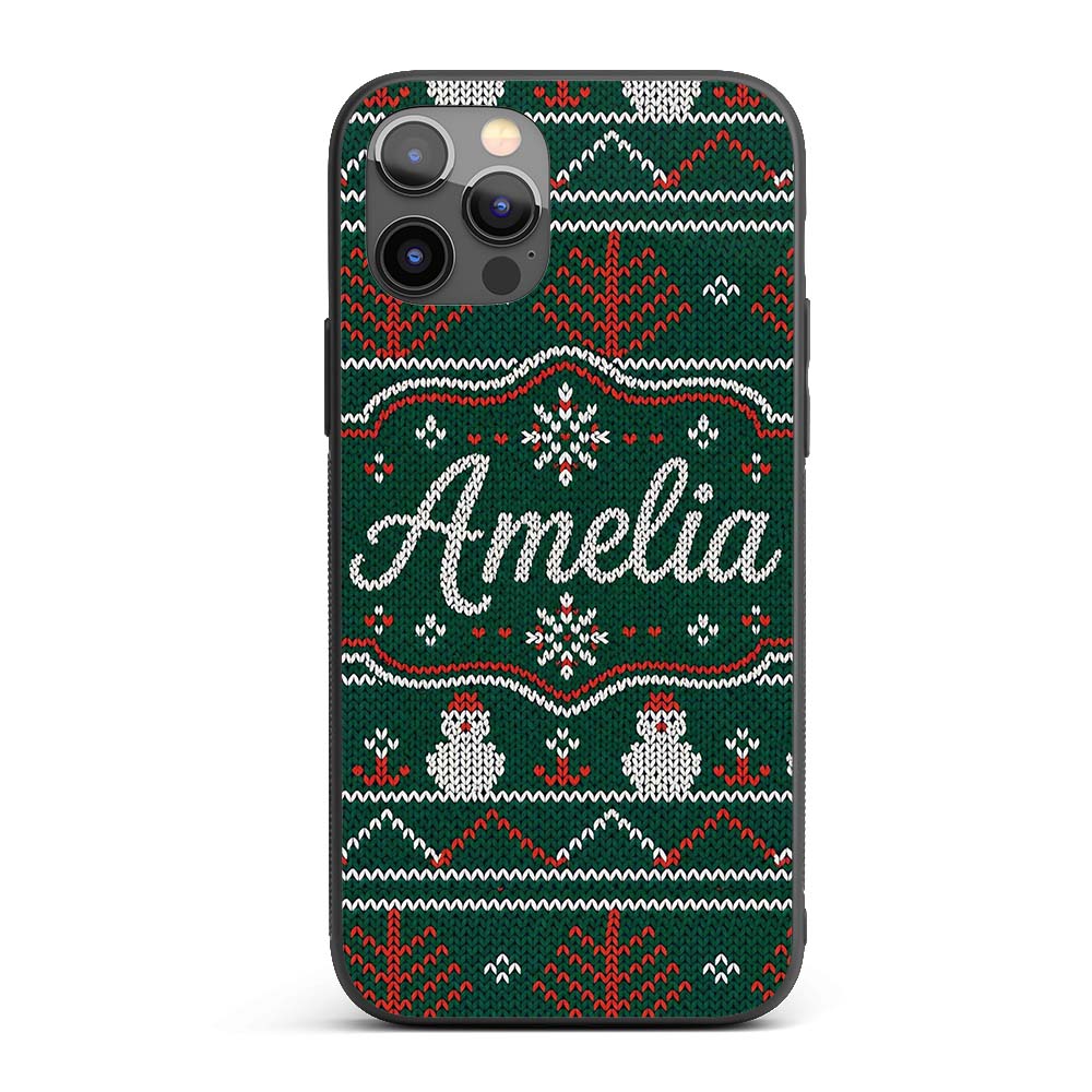 Nordic Knit Alpaca Llama Pattern Green Red White Custom Name Protective Phone Case Mobile Cover Durable Everyday Smartphone Shock Resistant