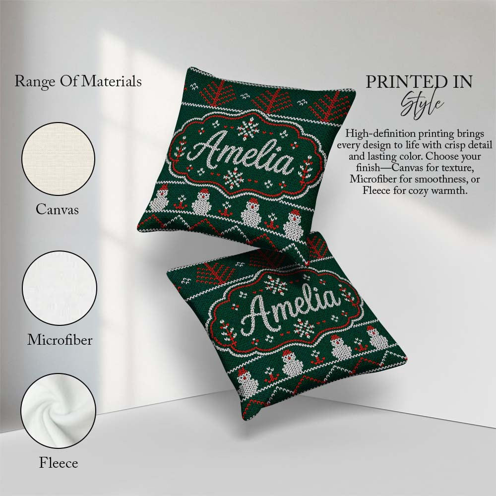 Custom Name Nordic Knit Alpaca Llama Pattern Green White Festive Square Filled Cushion Throw Pillow Sofa Bed Home Decor Zip Washable UK Made