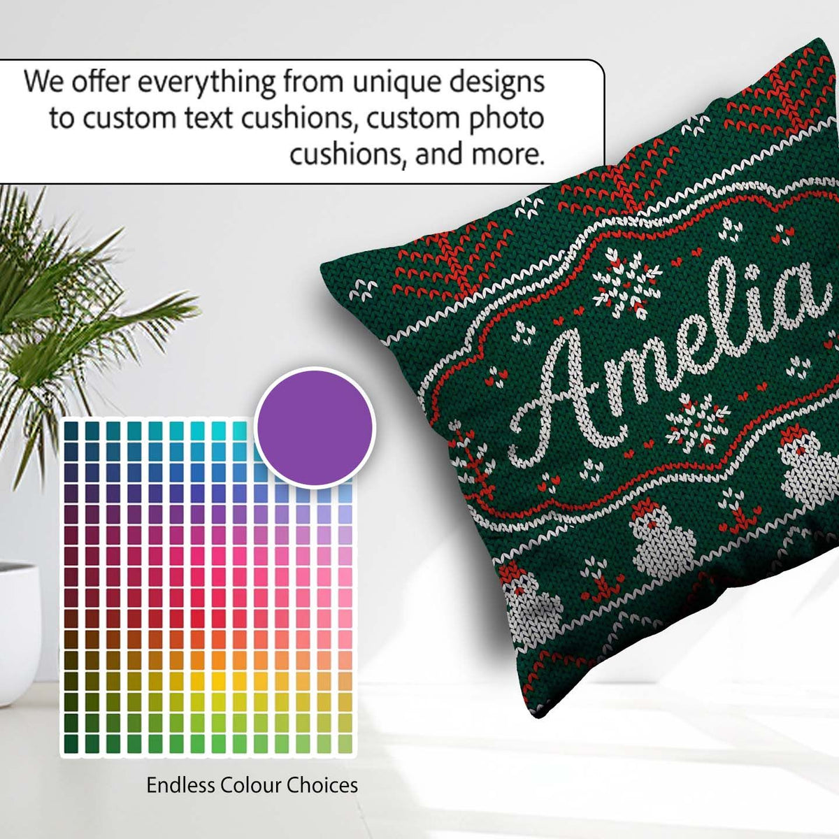 Custom Name Nordic Knit Alpaca Llama Pattern Green White Festive Square Filled Cushion Throw Pillow Sofa Bed Home Decor Zip Washable UK Made