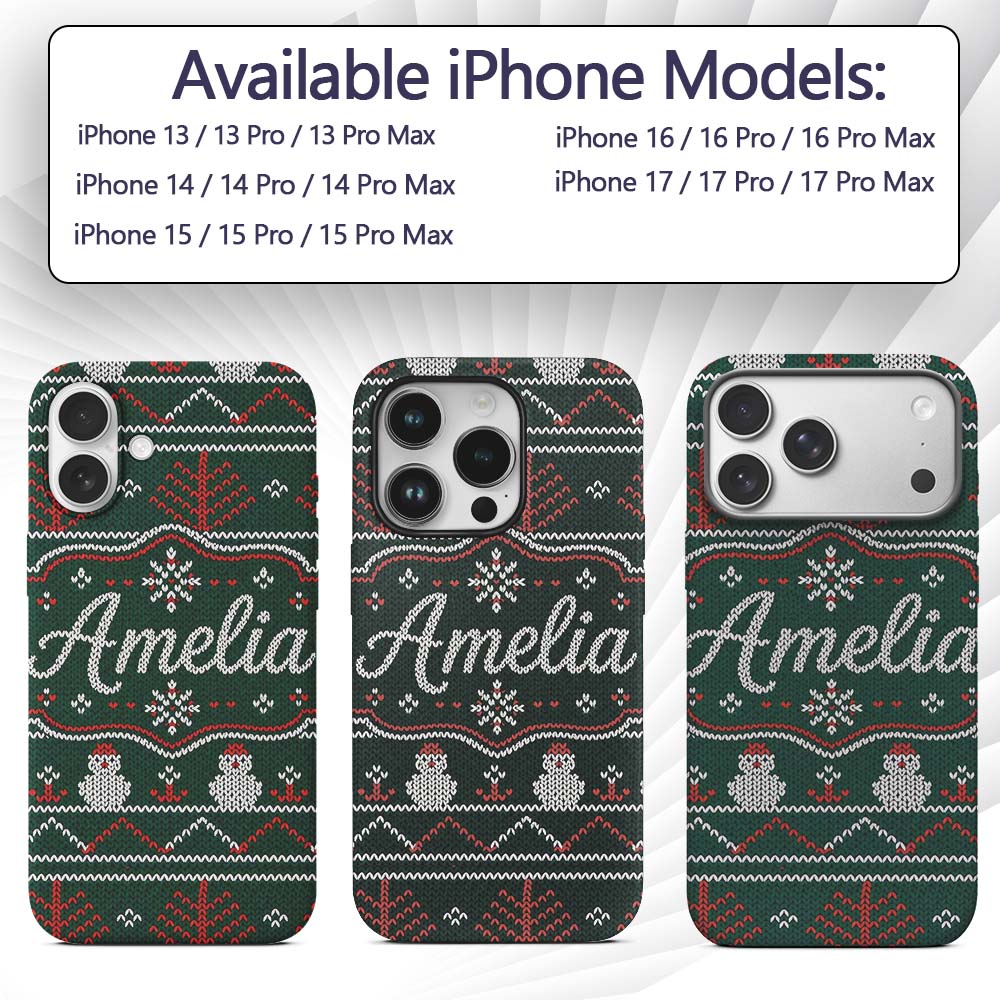 Nordic Knit Alpaca Llama Pattern Green Red White Custom Name Protective Phone Case Mobile Cover Durable Everyday Smartphone Shock Resistant
